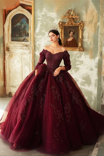 Burgundy Strapless Lace Applique Tulle Quinceanera Dress with 3/4 Sleeves
